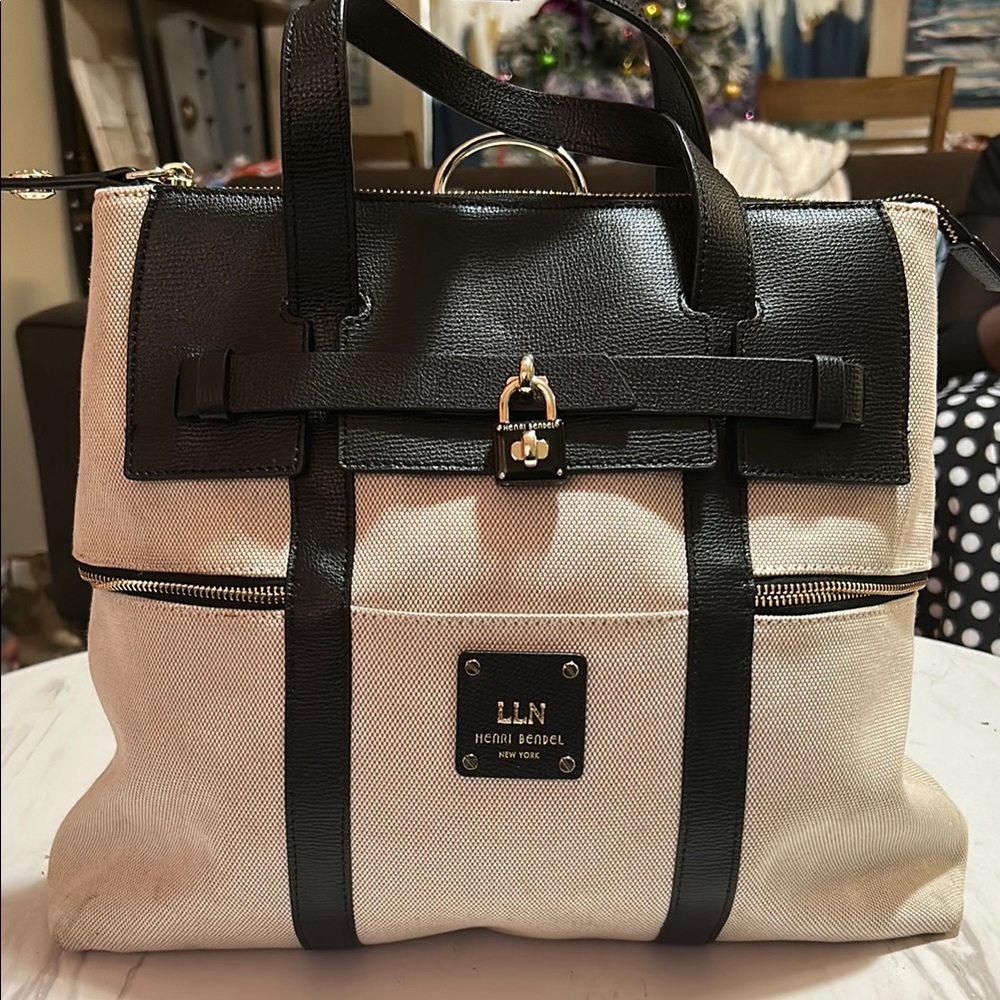 Henri Bendel Black and Cream Women's Convertible Backpack/Crossbody Large Bag
